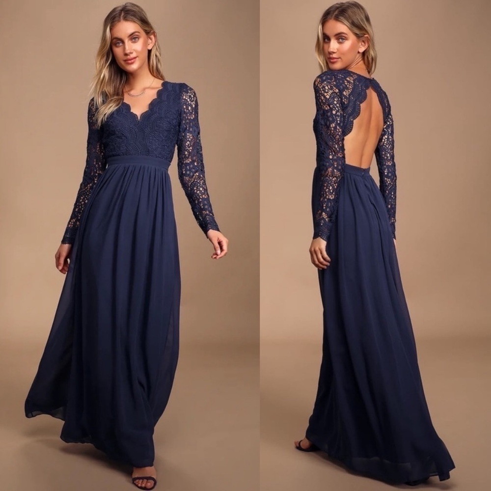 NWT Lulu's Navy Blue Awaken My Love Long Sleeve Lace Maxi Dress- Size M - Picture 2 of 14